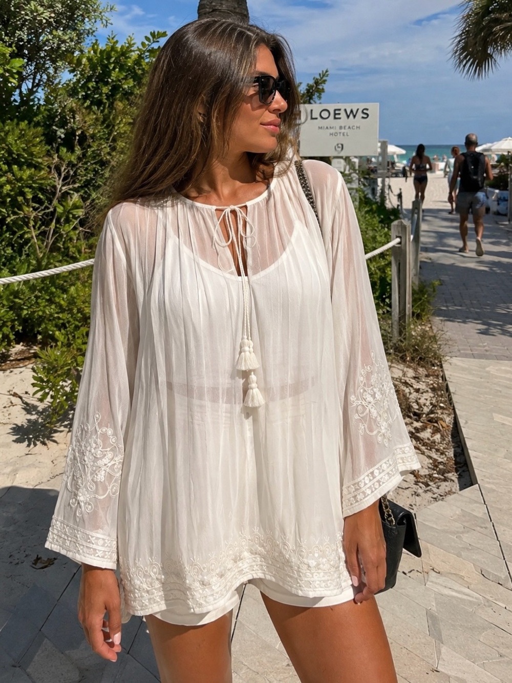 TAJ by Sabrina Crippa 100% Silk Böouse Embroidered Top Ivory White Tunic M